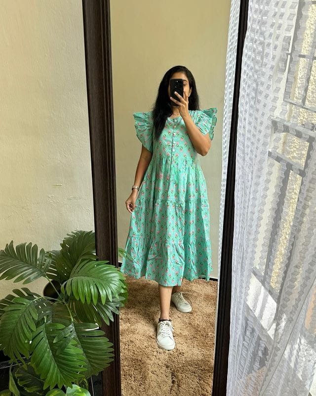 Green Printed Cotton Midi Gown Dress